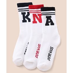 Pine Kids Cotton Mix Knit Below knee length Socks with Alphabet Print in White & Black Pack of 3