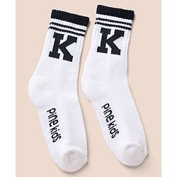 Pine Kids Cotton Mix Knit Below knee length Socks with Alphabet Print in White & Black Pack of 3