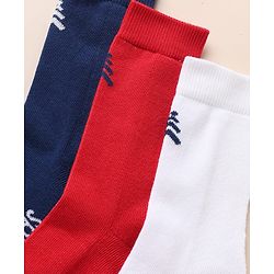 Pine Kids Cotton Mix Knit Below knee length Socks with Pine Kids Text in White Blue & Red Pack of 3