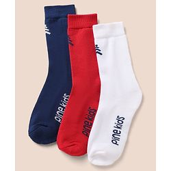 Pine Kids Cotton Mix Knit Below knee length Socks with Pine Kids Text in White Blue & Red Pack of 3