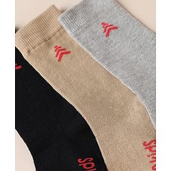Pine Kids Knit Below Knee Length Socks With Text Design Pack of 3 - Brown Black Grey