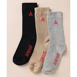 Pine Kids Knit Below Knee Length Socks With Text Design Pack of 3 - Brown Black Grey
