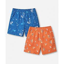 Pine Kids 100% Cotton Cambric Woven Boxers with Beach Theme & Leaf Print Pack of 2 - Blue & Orange