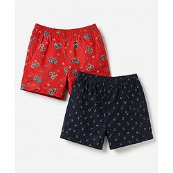 Pine Kids 100% Cotton Cambric Woven Boxers with Anchor & Bicycle Print Pack of 2 - Red & Black