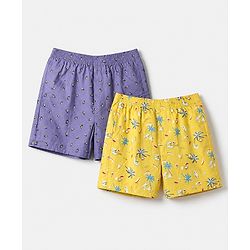 Pine Kids 100% Cotton Cambric Woven Boxers with Beach Theme & Boat Print Pack of 2 - Violet & Yellow