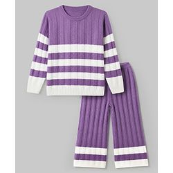 Pine Kids Knit Full Sleeves Striped Sweater Set - Purple