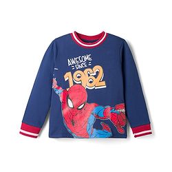 Pine Kids Marvel 100% Cotton Terry Knit Full Sleeves T-Shirt with Spiderman Graphic - Navy Blue