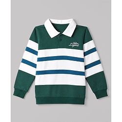 Pine Kids Cotton Knit Stripes Sweatshirt with Full Sleeves and Urban Legend Text Embroidery - Green