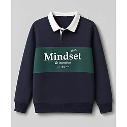 Pine Kids Cotton Knit Sweatshirt with Full Sleeves and Mindset Text Print - Navy Blue