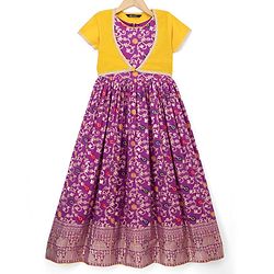 Pine Kids Jacquard Woven Half Sleeves Floral Zari Work Ethnic Dresses With Jacket - Violet