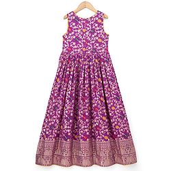 Pine Kids Jacquard Woven Half Sleeves Floral Zari Work Ethnic Dresses With Jacket - Violet