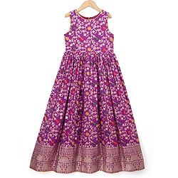 Pine Kids Jacquard Woven Half Sleeves Floral Zari Work Ethnic Dresses With Jacket - Violet