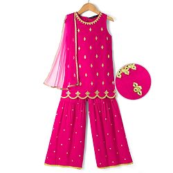 Pine Kids Woven Sleeveless Kurti & Gharara Set With Embroidery & Dupatta - Dark Pink