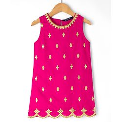 Pine Kids Woven Sleeveless Kurti & Gharara Set With Embroidery & Dupatta - Dark Pink