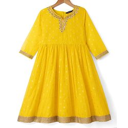 Pine Kids Woven Kurti and Pant With Dupatta With Three Fourth Sleeves and Floral Motifs Foil Print in Yellow