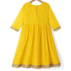 Pine Kids Woven Kurti and Pant With Dupatta With Three Fourth Sleeves and Floral Motifs Foil Print in Yellow
