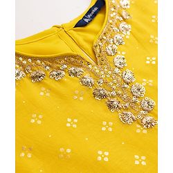 Pine Kids Woven Kurti and Pant With Dupatta With Three Fourth Sleeves and Floral Motifs Foil Print in Yellow
