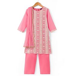 Pine Kids Woven Kurti, Pant and Dupatta with Three Fourth Sleeves and Floral Embroidery in Light Pink