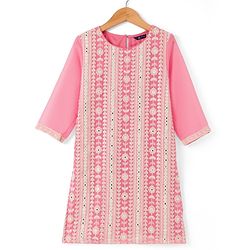 Pine Kids Woven Kurti, Pant and Dupatta with Three Fourth Sleeves and Floral Embroidery in Light Pink