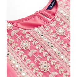 Pine Kids Woven Kurti, Pant and Dupatta with Three Fourth Sleeves and Floral Embroidery in Light Pink