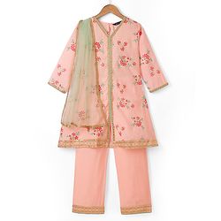 Pine Kids Woven Kurta and Churidar Set with Three Fourth Sleeves and Floral Print in Light Peach