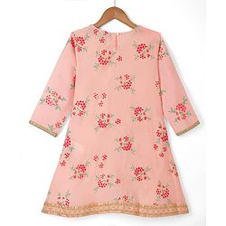 Pine Kids Woven Kurta and Churidar Set with Three Fourth Sleeves and Floral Print in Light Peach