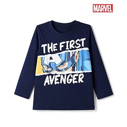 Pine Kids Marvel 100% Cotton Terry Knit Full Sleeves T-Shirt with Captain America Print - Navy Blue