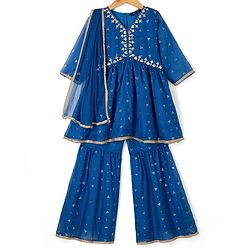 Pine Kids Woven Three Fourth Sleeves Kurti and Gharara Set with Dupatta and Dots Foil/Glitter Print in Royal Blue