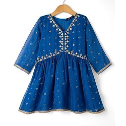 Pine Kids Woven Three Fourth Sleeves Kurti and Gharara Set with Dupatta and Dots Foil/Glitter Print in Royal Blue