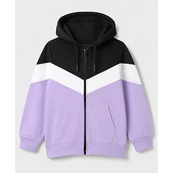 Pine Kids Cotton Mixes Knit Front Zipper Full Sleeves Hooded Sweatshirt with Cut & Sew with Kangaroo Pockets - Black & Lavender