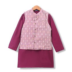 Pine Kids Woven Full Sleeves Kurta & Pyjama Set With Printed Jacket - Purple