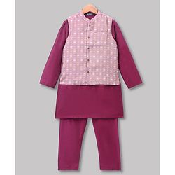 Pine Kids Woven Full Sleeves Kurta & Pyjama Set With Printed Jacket - Purple
