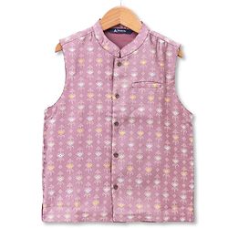 Pine Kids Woven Full Sleeves Kurta & Pyjama Set With Printed Jacket - Purple