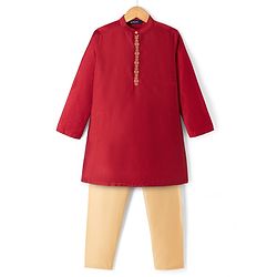 Pine Kids Woven Full Sleeves Kurta Pyjama Set With Lace Detailing - Red