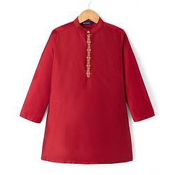 Pine Kids Woven Full Sleeves Kurta Pyjama Set With Lace Detailing - Red