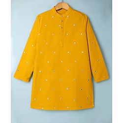 Pine Kids Woven Full Sleeves Kurta Pyjama Set with Full Length and Mirror Work in Mustard