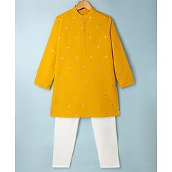Pine Kids Woven Full Sleeves Kurta Pyjama Set with Full Length and Mirror Work in Mustard