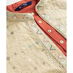 Pine Kids Woven Kurta Pyjama Set and Jacket with Full Sleeves and Geometric Embroidery in Light Peach for 4-5 Years