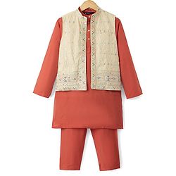 Pine Kids Woven Kurta Pyjama Set and Jacket with Full Sleeves and Geometric Embroidery in Light Peach for 4-5 Years