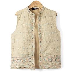 Pine Kids Woven Kurta Pyjama Set and Jacket with Full Sleeves and Geometric Embroidery in Light Peach for 4-5 Years