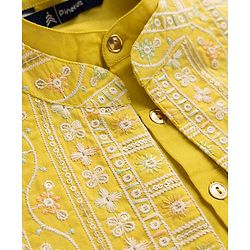 Pine Kids Woven Kurta Pyjama Set and Jacket with Full Sleeves and Geometric Patterns Embroidery in Yellow