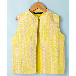 Pine Kids Woven Kurta Pyjama Set and Jacket with Full Sleeves and Geometric Patterns Embroidery in Yellow