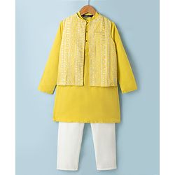 Pine Kids Woven Kurta Pyjama Set and Jacket with Full Sleeves and Geometric Patterns Embroidery in Yellow