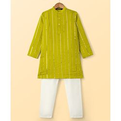Pine Kids Woven Full Sleeves Striped Sequinned Kurta & Pyjama Set - Limegreen