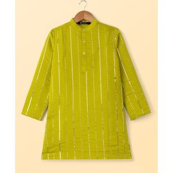 Pine Kids Woven Full Sleeves Striped Sequinned Kurta & Pyjama Set - Limegreen