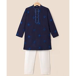 Pine Kids Woven Kurta and Pyjama Set with Full Sleeves and Star Embroidery in Navy Blue