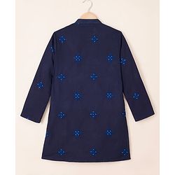 Pine Kids Woven Kurta and Pyjama Set with Full Sleeves and Star Embroidery in Navy Blue