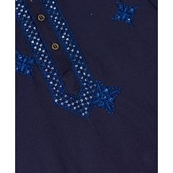 Pine Kids Woven Kurta and Pyjama Set with Full Sleeves and Star Embroidery in Navy Blue