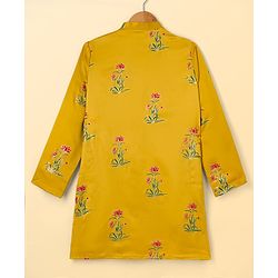 Pine Kids Woven Full Sleeves Kurta Pyjama Set with Full Length and Flower Print in Golden for 4-5 Years