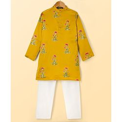 Pine Kids Woven Full Sleeves Kurta Pyjama Set with Full Length and Flower Print in Golden for 4-5 Years